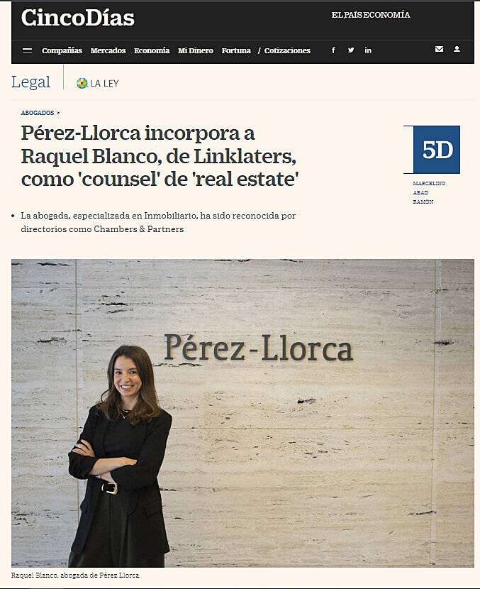 Prez-Llorca incorpora a Raquel Blanco, de Linklaters, como 'counsel' de 'real estate'